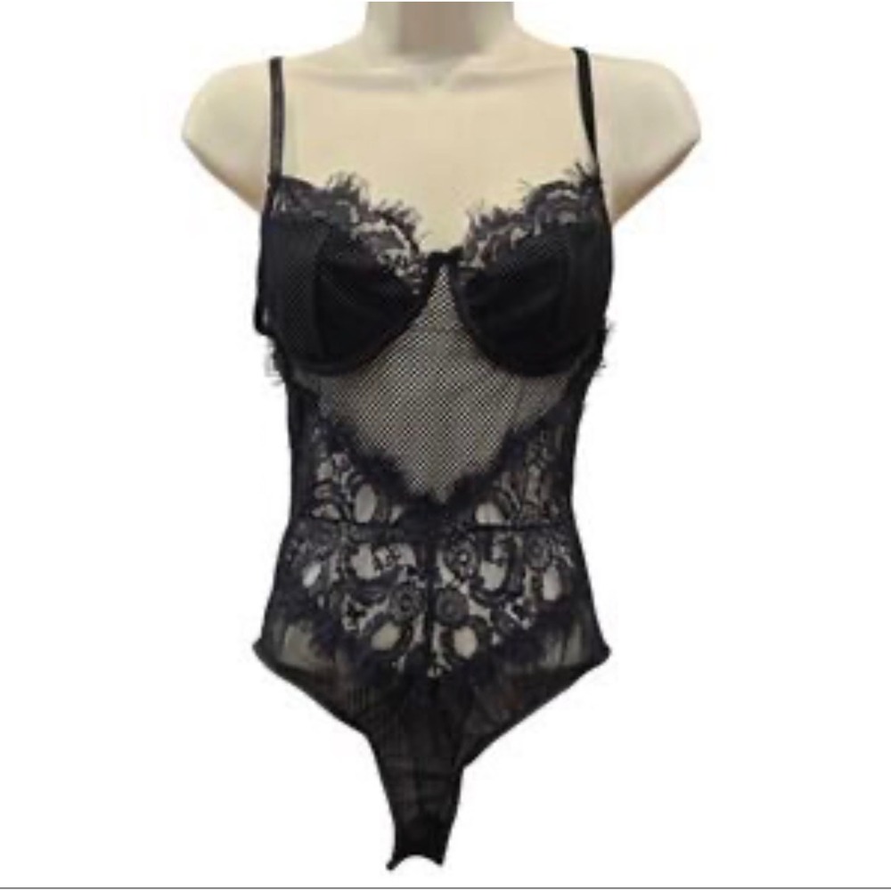 Kaei & Shi Kitty-Kitty Black Lace Mesh Underwire‎ Bodysuit Medium KKXH00320101-M